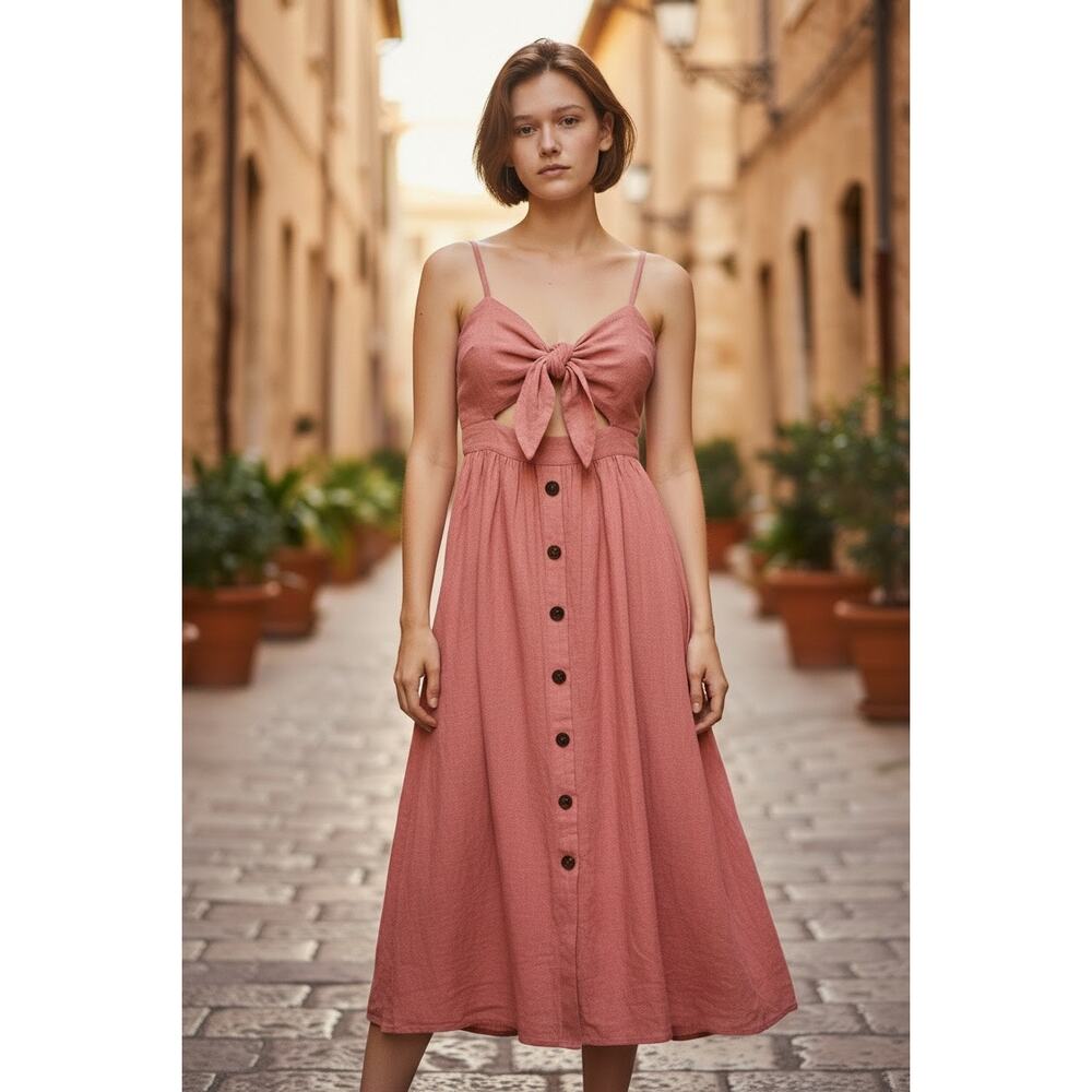 Hayden Los Angeles Salmon Midi Dress Medium NEW Tie Front Button Front